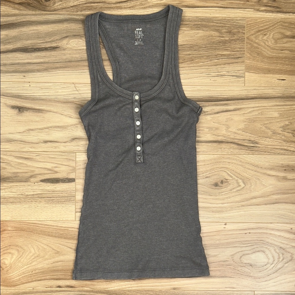 aerie Charcoal Ribbed Henley Tank Top